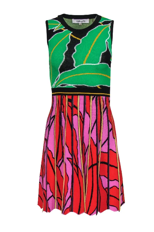 Diane von Furstenberg - Multicolor Bright Tropical Leaf A-Line Knit Dress Sz XXS Satin unclassified dresses