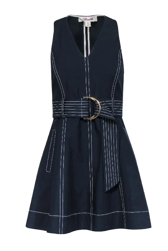 Diane von Furstenberg - Navy Cotton Blend A-Line Dress w/ Stitching Sz 2 Corset unclassified dresses