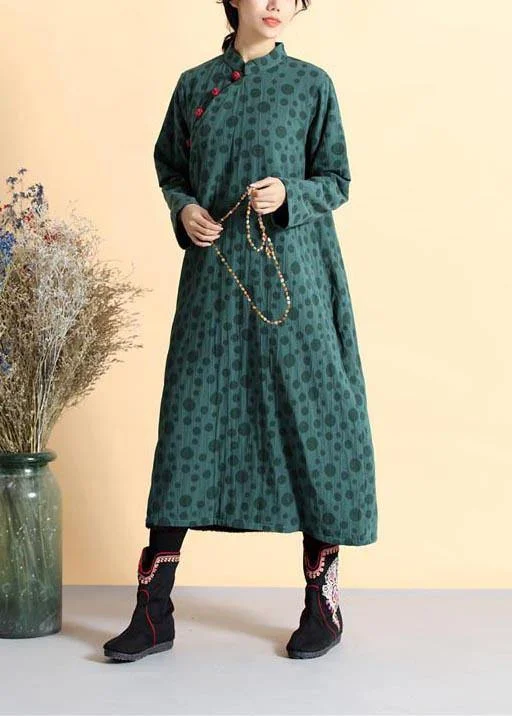 DIY Blackish Green Dotted Tunic Stand Collar Traveling Spring Dress Office unclassified dresses