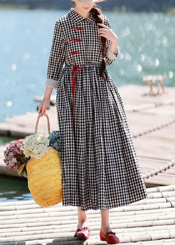 DIY Lapel Drawstring Spring Clothes Women Photography Black Plaid Dresses Street style unclassified dresses