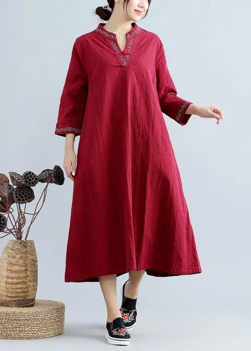 DIY V Neck Spring Outfit Work Burgundy Embroidery Robes Dress Festival unclassified dresses