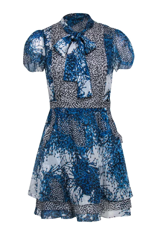 Diane von Furstenberg - Blue & White Bead Printed Ruffled Tie Neck Dress Sz 0 Date night unclassified dresses