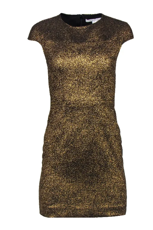 Diane von Furstenberg - Metallic Gold Crackled Cap Sleeve Sheath Dress Sz 0 Minimalist unclassified dresses