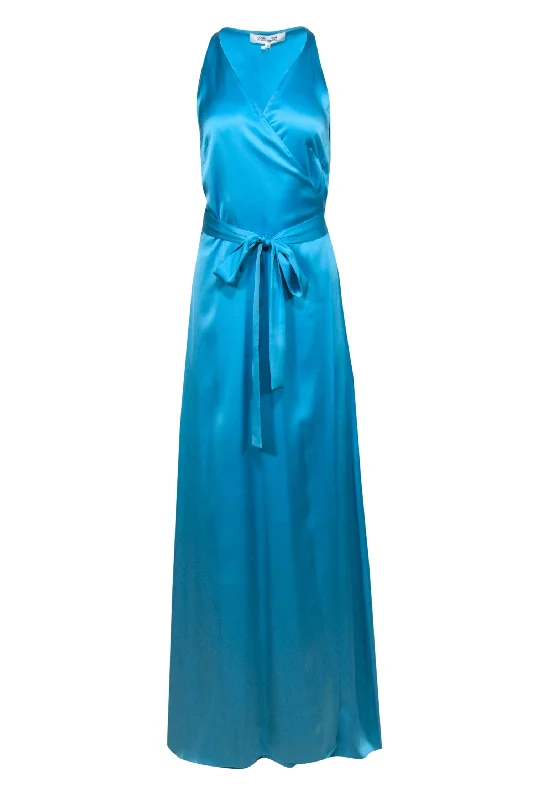 Diane von Furstenberg - Caribbean Blue "Pacific" Satin Wrap Gown Sz 10 Sleeveless unclassified dresses