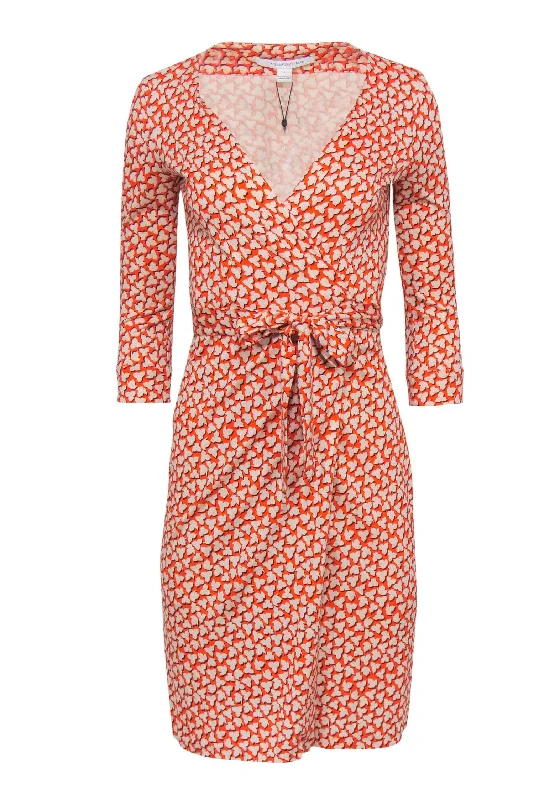 Diane von Furstenberg - Orange Printed Silk Cropped Sleeve Wrap Dress Sz 2 Corset unclassified dresses