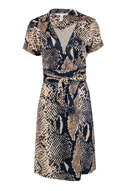 Diane von Furstenberg - Navy & Tan Snake Print Silk Wrap Dress Sz 4 Graduation unclassified dresses