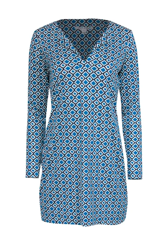 Diane von Furstenberg - Teal, Navy & White Geometric Print Shift Dress Sz 6 Wedding guest unclassified dresses