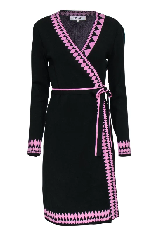 Diane von Furstenberg - Black Knit Wrap Dress w/ Pink Trim Sz M Holiday unclassified dresses