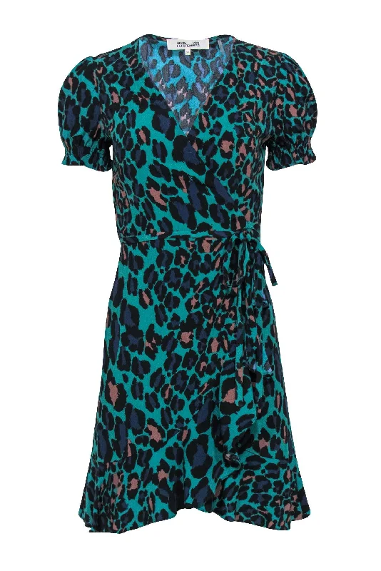 Diane von Furstenberg - Dark Teal & Multicolor Leopard Print Puff Sleeve Wrap Dress Sz XS Mesh unclassified dresses