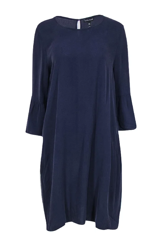 Eileen Fisher - Eggplant Crepe Silk Shift Dress w/ Bell Sleeves Sz M Embroidered unclassified dresses