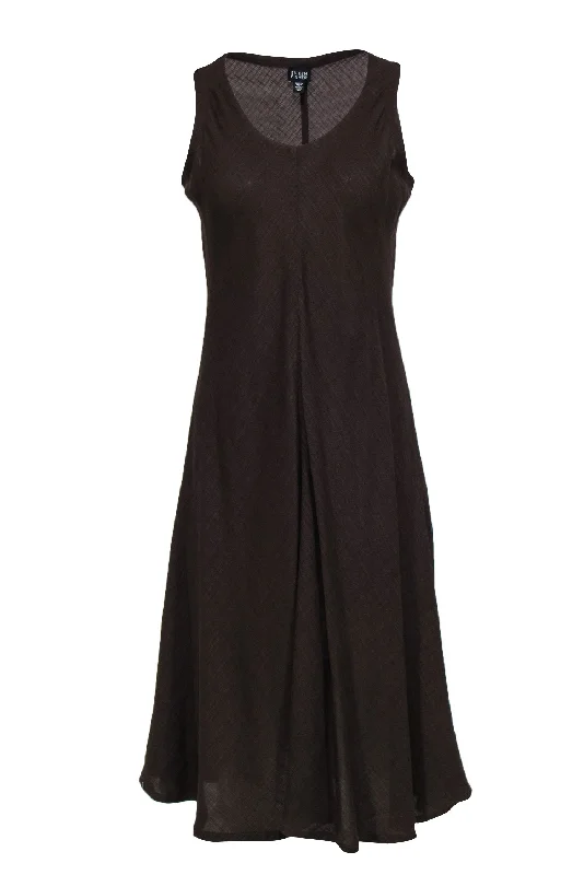 Eileen Fisher - Brown Woven V-Neck Flared Hem Shift Dress Sz XS Travel unclassified dresses