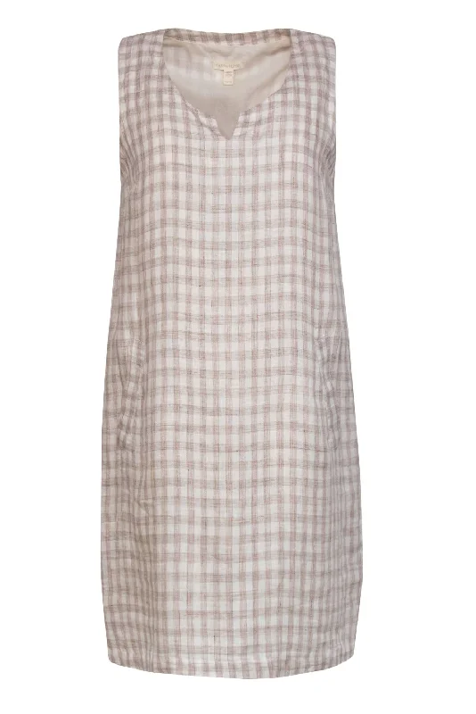 Eileen Fisher - Cream Gingham Linen Shift Dress Sz XS Unique unclassified dresses