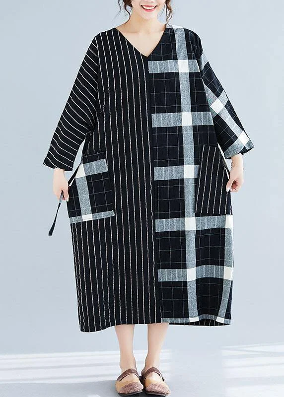 Elegant black Plaid striped v neck patchwork Large pockets cotton spring Dress Bold pattern unclassified dresses