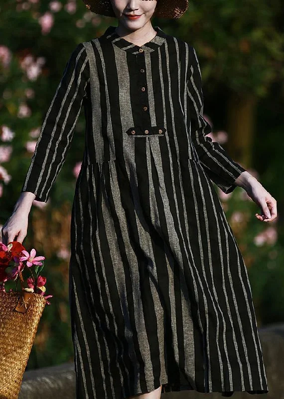 Elegant o neck linen spring clothes For Women pattern black striped Dresses Office unclassified dresses