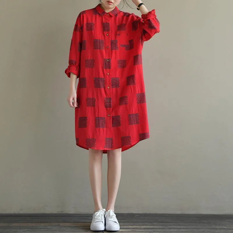 Elegant red Plaid Cotton quilting clothes lapel Button Down daily spring Dress Stretchy unclassified dresses