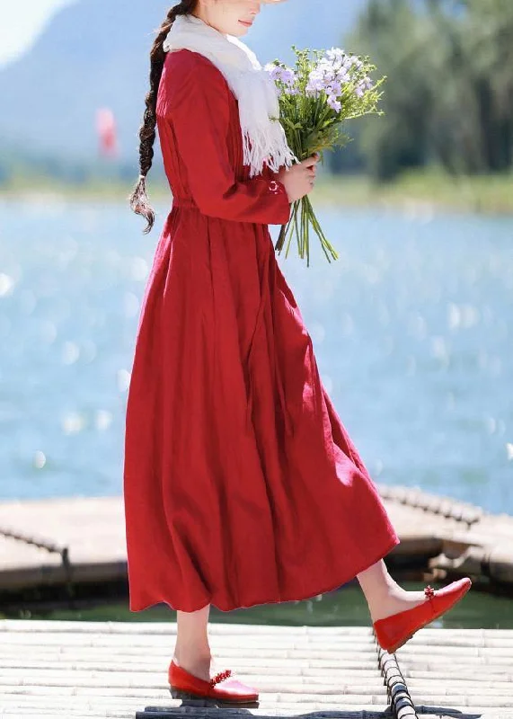 Elegant Red Quilting Clothes O Neck Drawstring Kaftan Spring Dresses Formal unclassified dresses