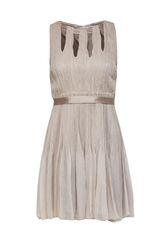 Elie Tahari - Beige Accordion Printed Silk A-Line Dress w/ Cutouts Sz 2 Bodycon unclassified dresses