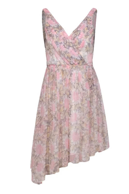 Elizabeth & James - Powder Pink & Cream Daisy Printed Silk A-Line Dress Sz 2 Mesh unclassified dresses