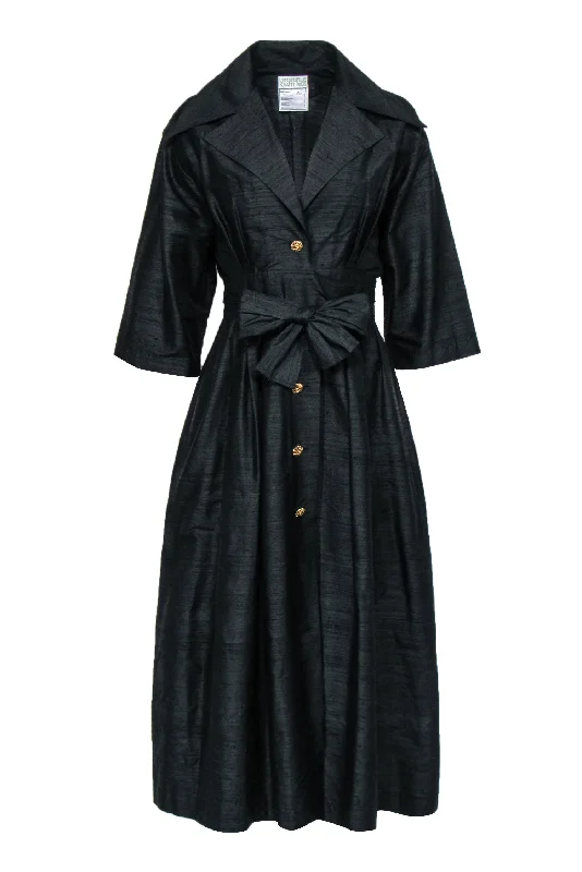 Emmanuelle Khanh - Vintage Black Silk Large Collar Button Front Dress Sz 8 Stylish unclassified dresses