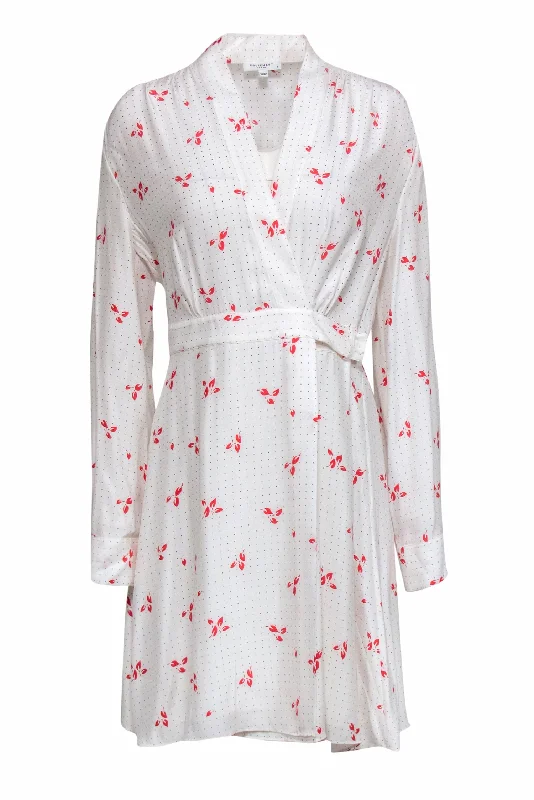 Equipment - White Flowers & Dot Printed Silk Wrap Dress Sz 8 Metallic unclassified dresses