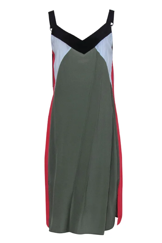 Equipment - Olive, White & Red Colorblocked Silk Dress Sz M Popular unclassified dresses