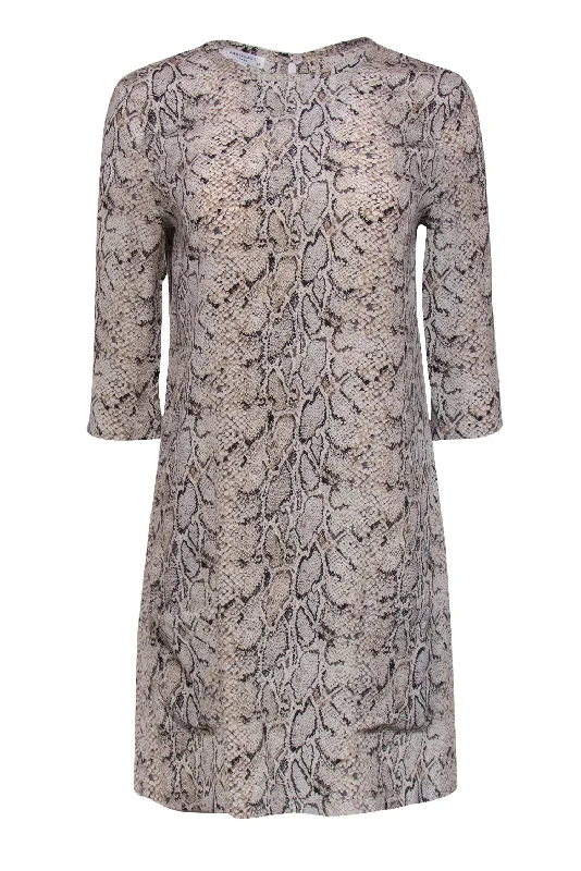 Equipment - Beige Snakeskin Print Quarter Sleeve Silk Shift Dress Sz S One-shoulder unclassified dresses