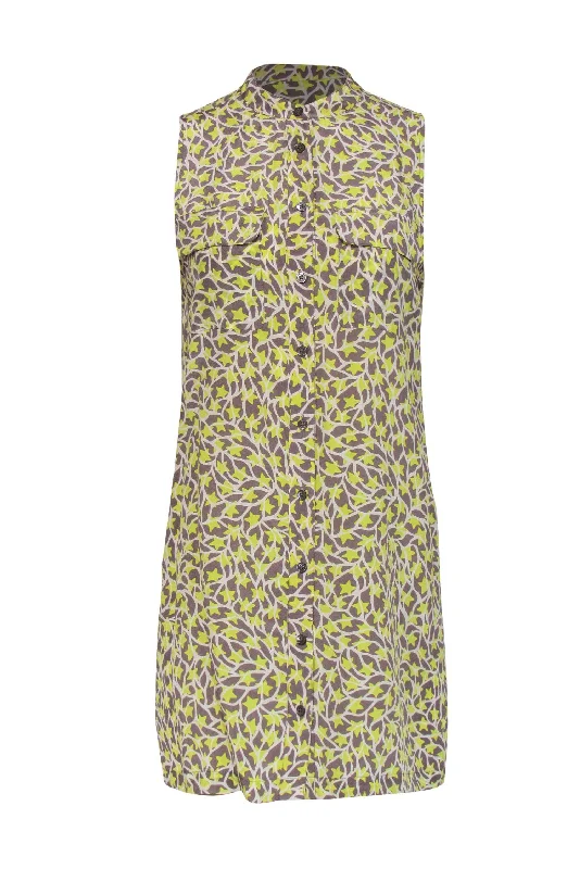 Equipment - Neon Yellow, Grey & White Star Print Button-Up Silk Shift Dress Sz XS Embroidered unclassified dresses