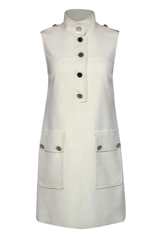 Etcetera - Cream Mock Neck Shift Dress w/ Oversized Silver Buttons Sz 0 Earthy tone unclassified dresses