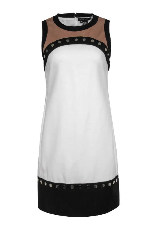 Etcetera - White, Brown & Black Cotton Blend Shift Dress w/ Studs Sz 4 Office unclassified dresses