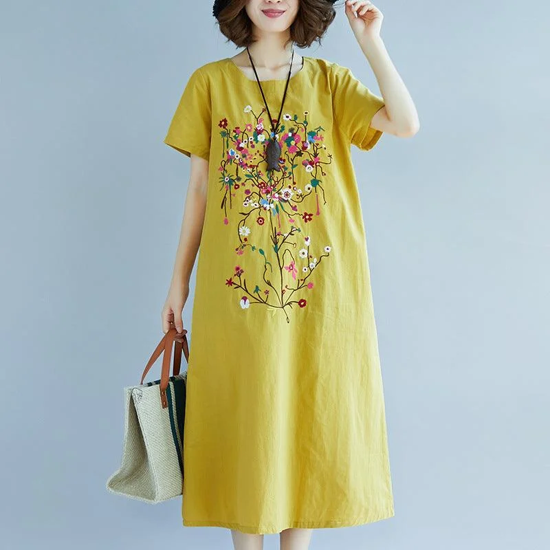 Ethnic Style Embroidered Cotton Linen Medium Length Dress Knitted unclassified dresses