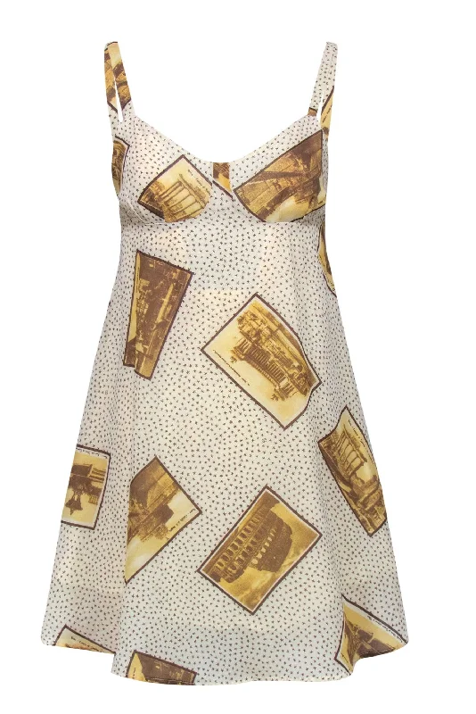 Fendi - Ivory & Beige Star & European Postcard Print A-Line Dress Sz 0 Designer unclassified dresses