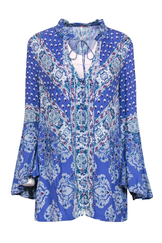 Free People - Cornflower Blue Bohemian Print Bell Sleeve Shift Dress Sz XS Gothic unclassified dresses