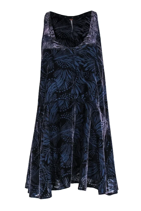 Free People - Navy & Grey Velvet Print Sleeveless Babydoll Dress Sz XS Travel unclassified dresses