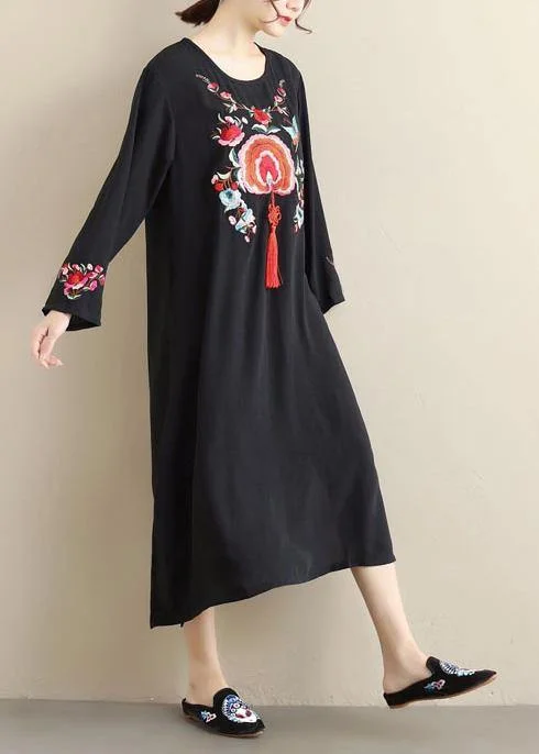 French Black Embroidery Quilting Dresses O Neck Tassel Kaftan Spring Dress Trendy new unclassified dresses