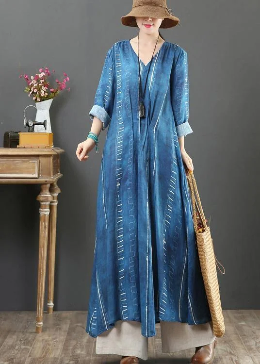 French Blue Tunic Dress V Neck large hem A Line Spring Dresses Silk unclassified dresses