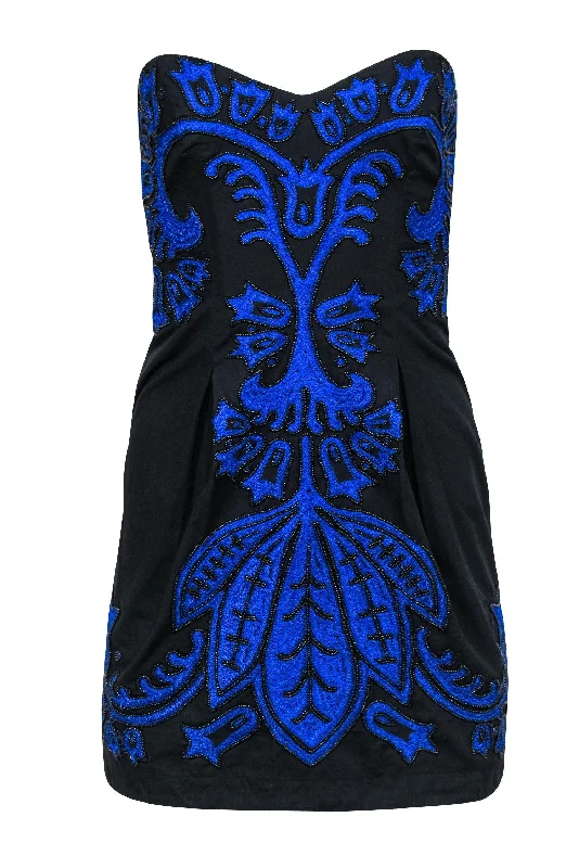 French Connection - Black Strapless Blue Embroidered A-Line Dress w/ Beading Sz 2 Spring unclassified dresses