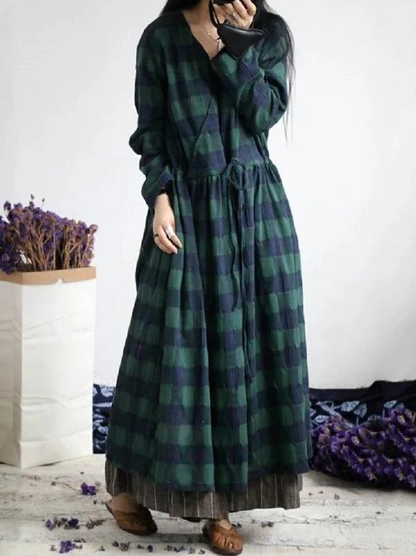 French green plaid cotton dresses v neck drawstring Traveling spring Dresses Chic unclassified dresses