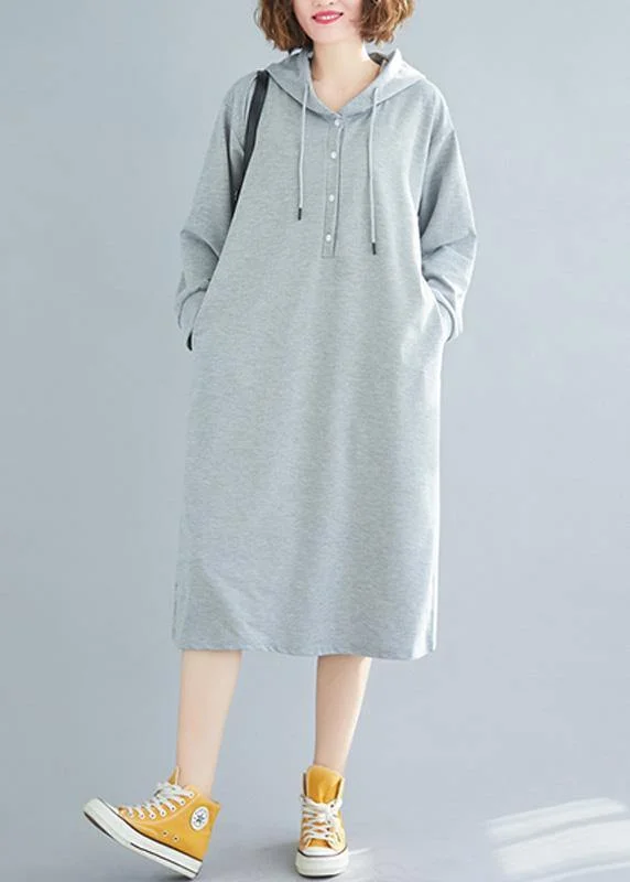 French hooded drawstring Cotton spring Tunics gray Dresses Wedding guest unclassified dresses