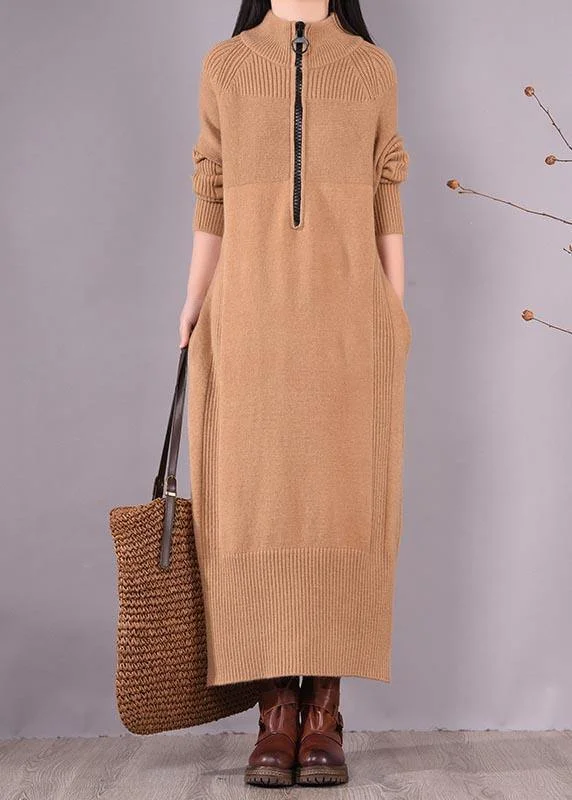 French Khaki Dress Zippered Pockets Dresses Spring Dress Off-shoulder unclassified dresses