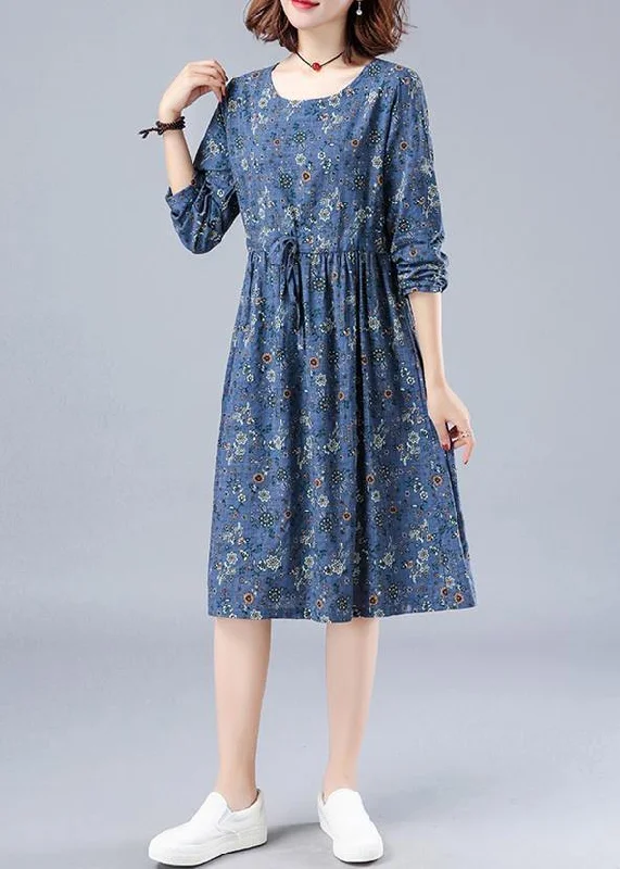 French O Neck Drawstring Spring Dresses Wardrobes Blue Print Dress Mesh unclassified dresses