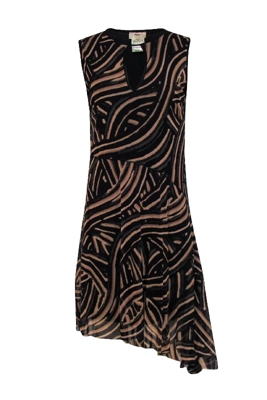 Fuzzi - Brown Print Flared Mesh Dress Sz S Tulle unclassified dresses