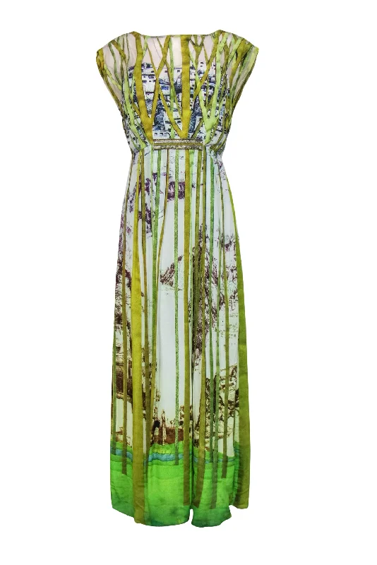 Geisha Designs - Green & Ivory Forest Printed Illusion Gown w/ Beading Sz M Engagement unclassified dresses