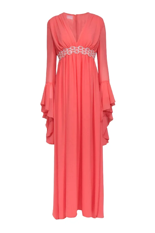 Giambattista Valli - Coral Bell Sleeve Gown w/ Embellished Waistband Sz 8 Anniversary unclassified dresses