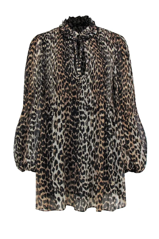 Ganni - Black, Brown & Tan Leopard Print Babydoll Dress w/ Puff Sleeves Sz L Sequin unclassified dresses