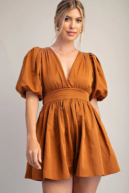 Glam Women's Waist Pleated Camel Romper Ruched unclassified dresses