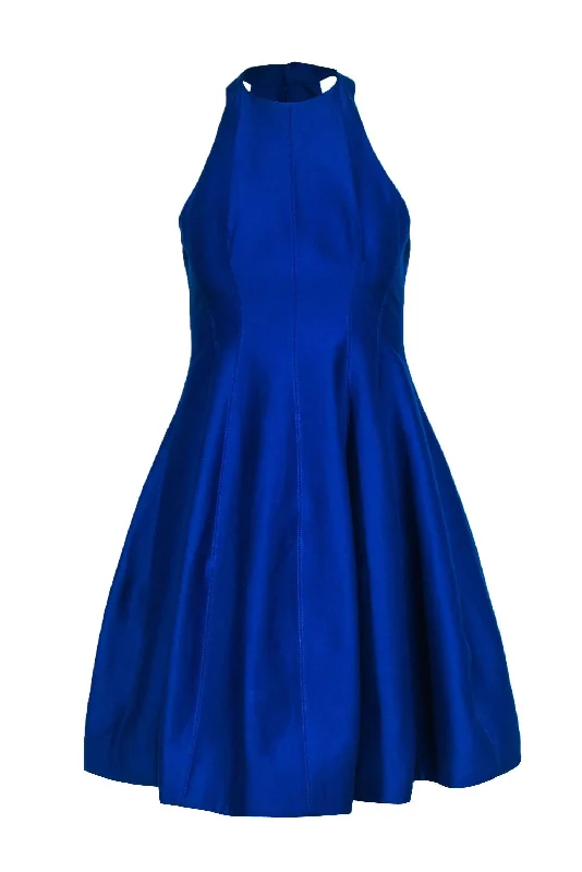 Halston Heritage - Cobalt Blue Cotton & Silk Blend High Neck Fit & Flare Dress Sz 0 Y2K unclassified dresses