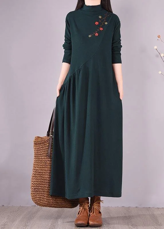 Handmade Blackish Green Embroidery Clothes High Neck Cinched Robes Spring Dresses Printed unclassified dresses