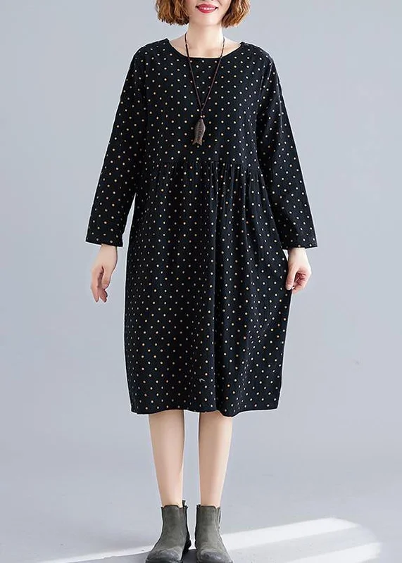 Handmade o neck Cinched Cotton spring Tunics pattern black dotted Dress Cocktail unclassified dresses