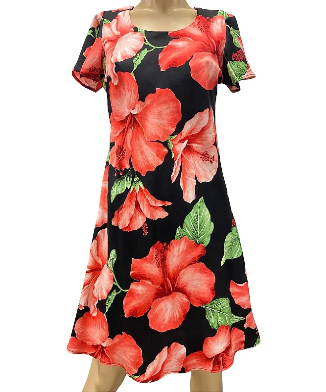 Hibiscus Blossom Black A-Line Dress with Cap Sleeves Vacation unclassified dresses