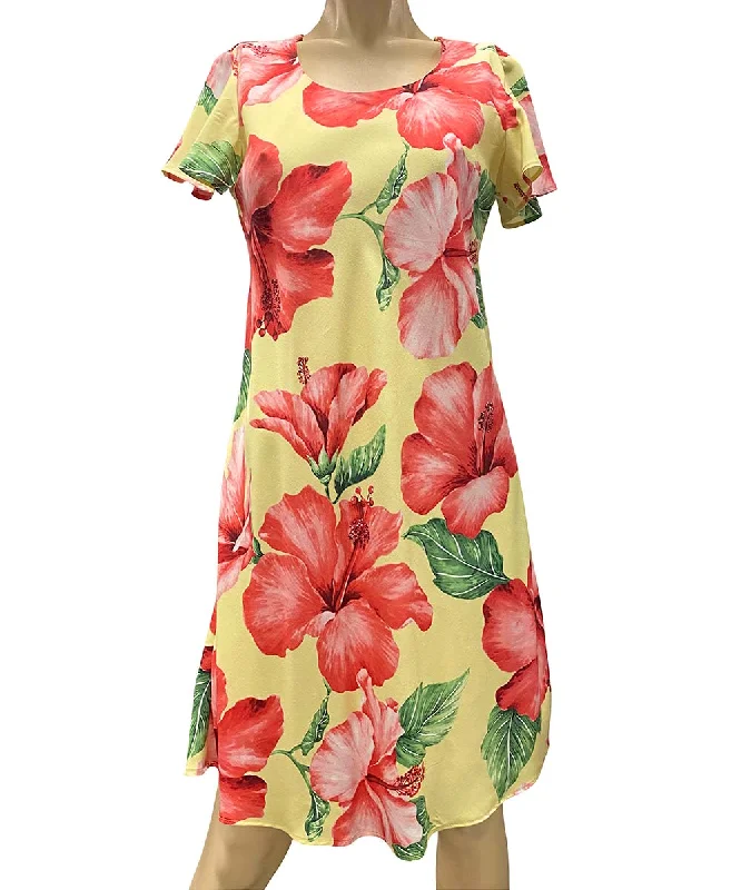 Hibiscus Blossom Yellow A-Line Dress with Cap Sleeves Party unclassified dresses